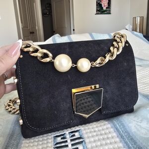 Elegant Jimmy Choo Black Suede Handbag Or Shoulder Bag with Gold Chain